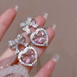 Pink Heart & Bow Diamond Earrings